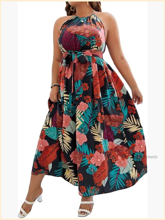 Dresses & Skirts - Women's Plus Size Boho Sleeveless Halter Neck Tie Back A Line Maxi Dress
